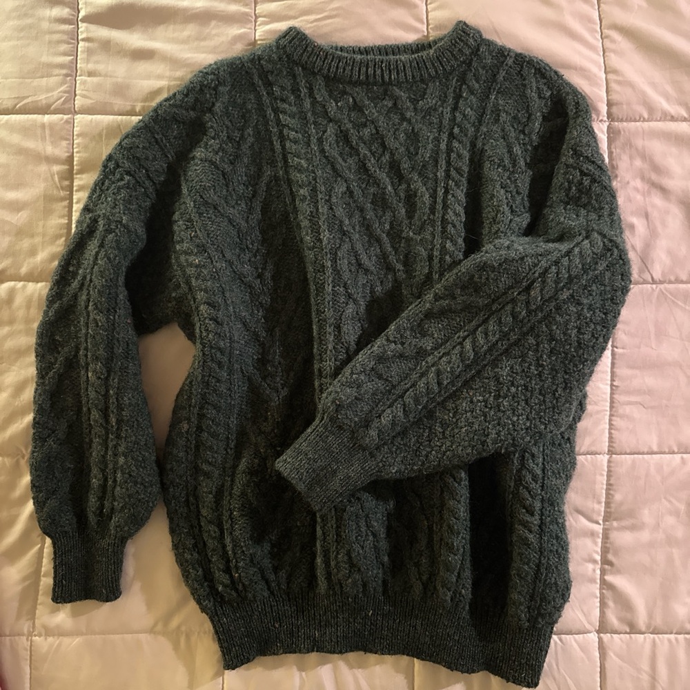 Men's Dark Green Cable Knit Sweater - Picture 1 of 3